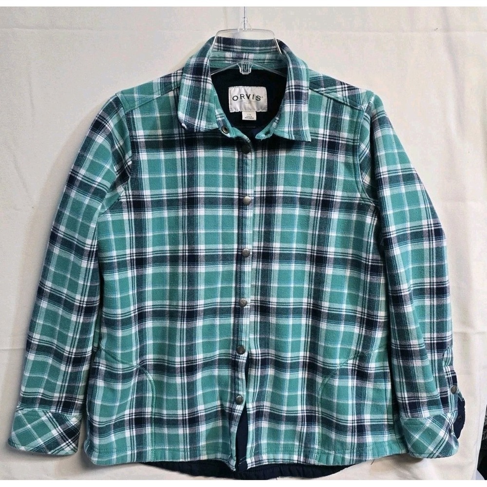 ORVIS Flannel Jacket Snap up Women's Large Teal Blue Plaid Fleece Lined